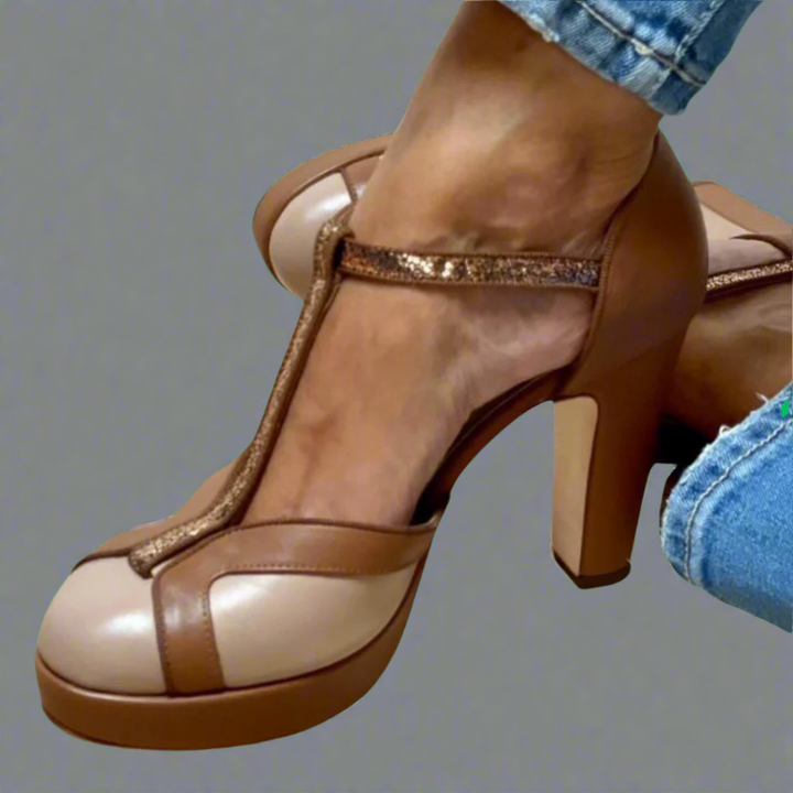 Aura | Brown T-Strap Mary Jane Platform Heels