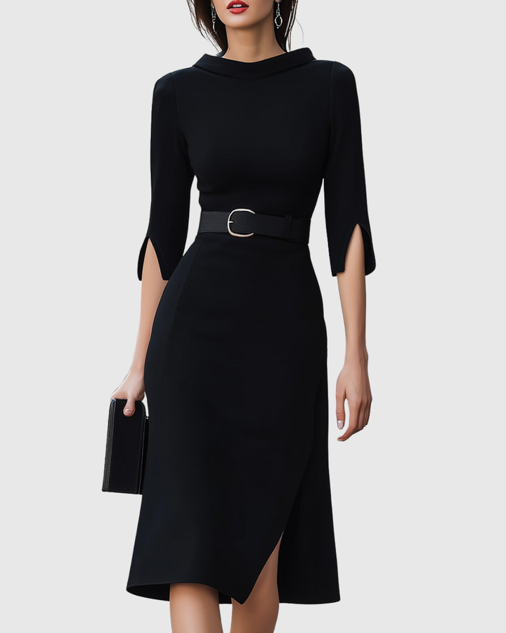 Delphina | Black Belted Midi Dress Three-Quarter Sleeves