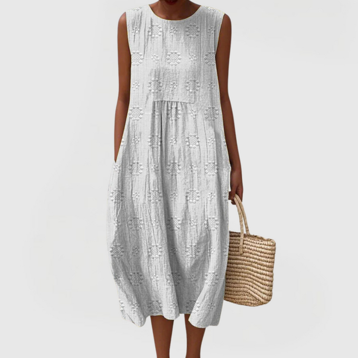 Daniella | Embroidered Sleeveless Linen Dress with Pockets