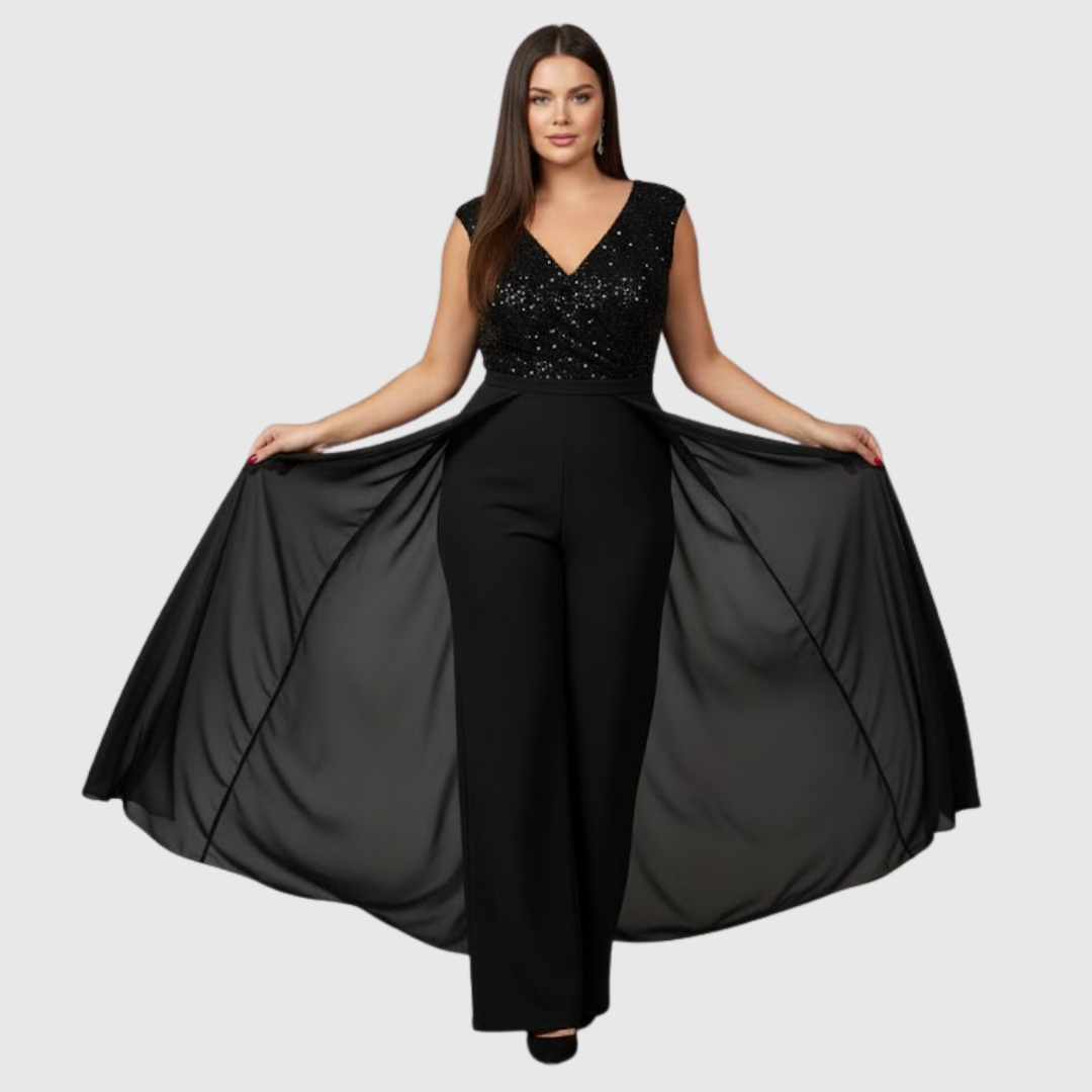 Cassandra | Black Sequin Empire Waist Jumpsuit Gown