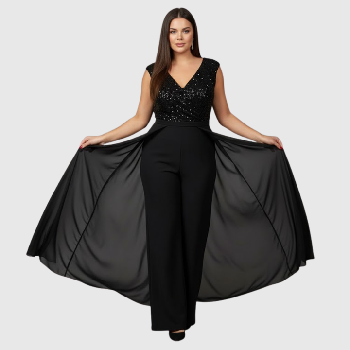 Cassandra | Black Sequin Empire Waist Jumpsuit Gown