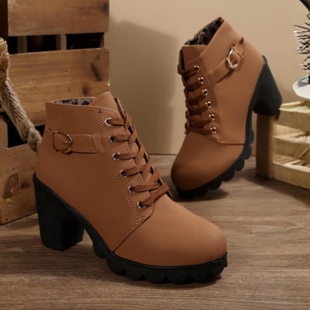 Marlene | Lace-Up Block Heel Ankle Boots with Buckle