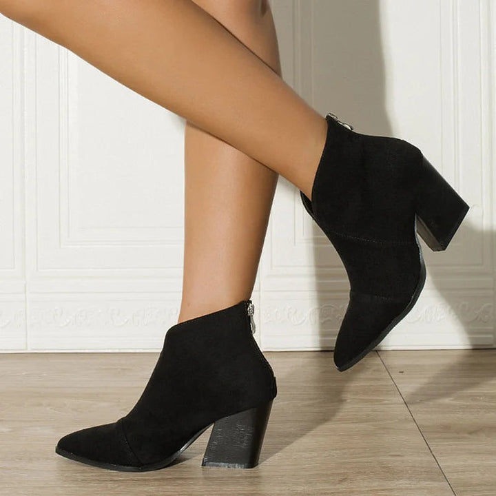 Roxana | Black Pointed Toe Ankle Boots with Block Heel