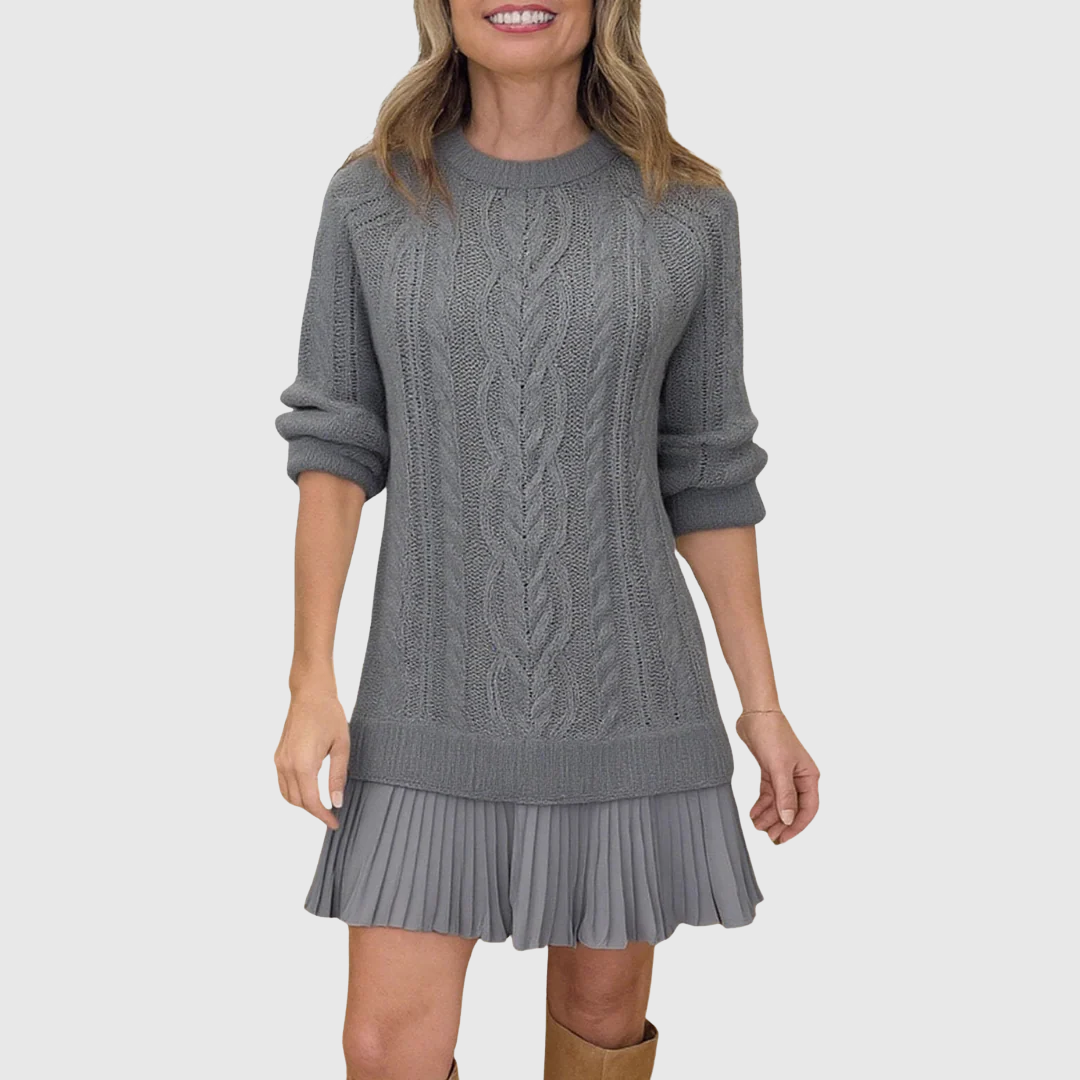 Hilde | Cable Knit Sweater Dress with Pleated Hem