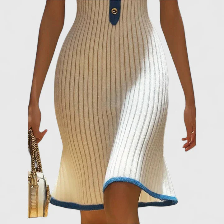 Cordella | White Ribbed Knit Midi Dress V-Neck