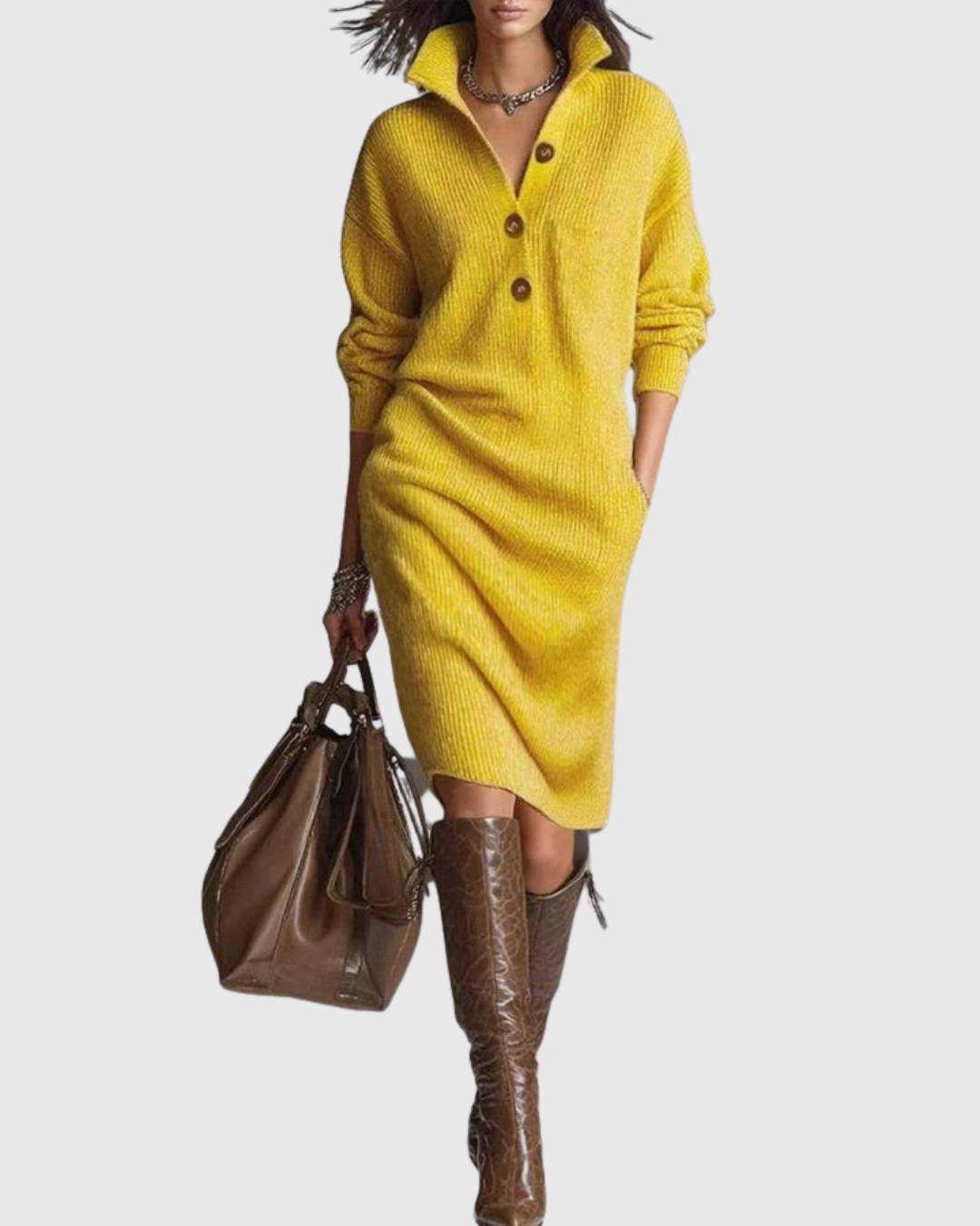 Idalia | Knit Midi Dress with Buttoned Henley