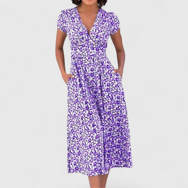 Cordula | Floral V-Neck Midi Dress with Pockets