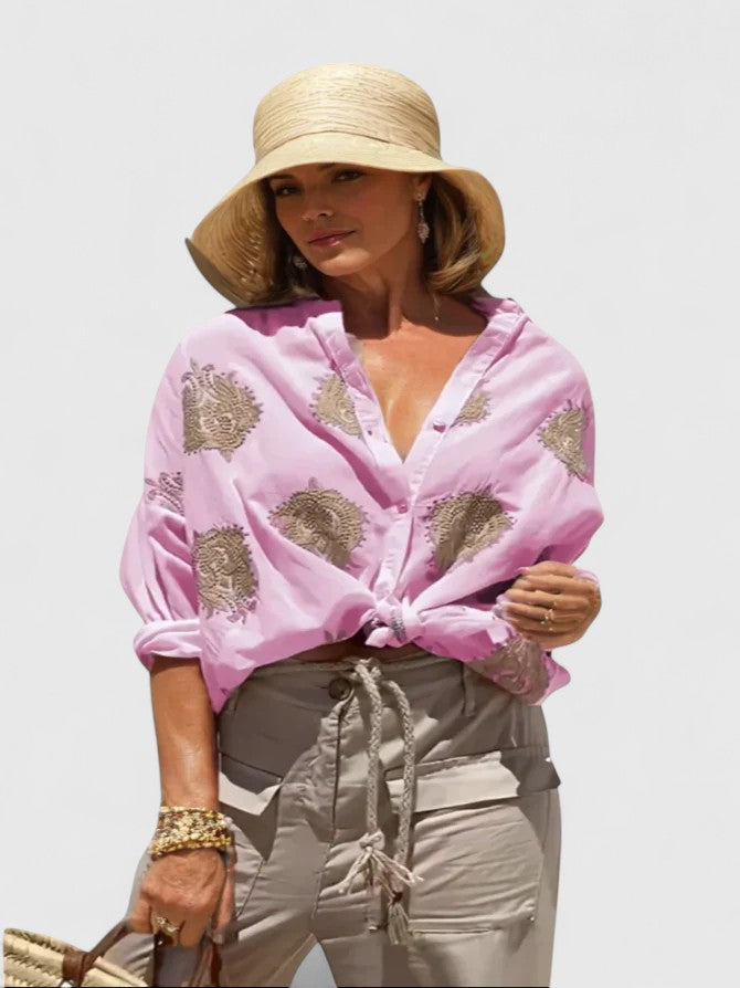 Drusilla | Embroidered V-Neck Button-Up Blouse