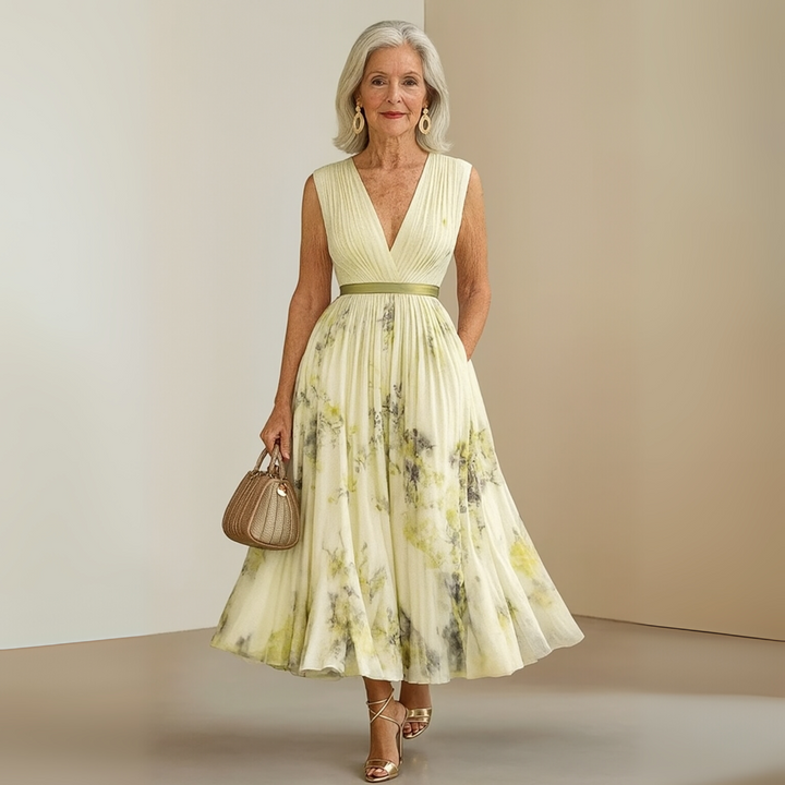 Bellamira | Floral Pleated Empire Waist Dress V-Neck