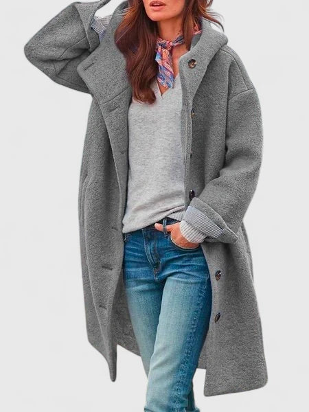 Alida | Hooded Button-Front Long Wool Coat