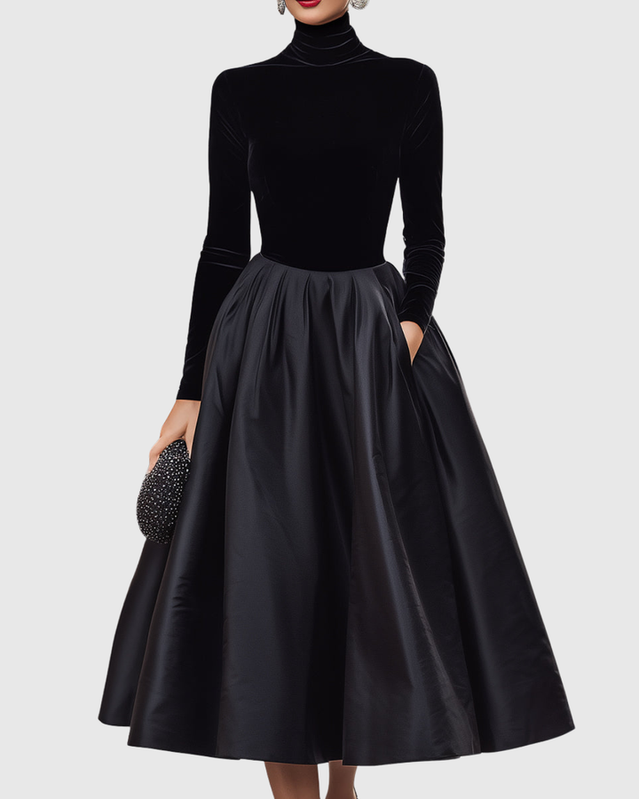 Hadassah | Black Velvet Satin Midi Dress Turtleneck