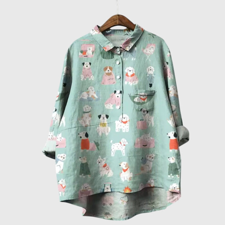 Ailsa | Dog Print Button-Up Blouse with Chest Pocket