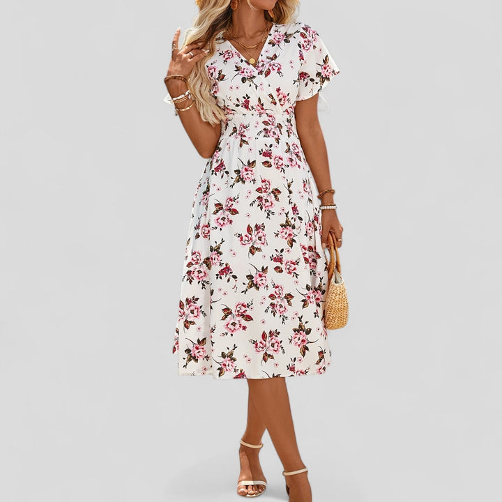 Diamanta | White Floral Empire Waist Midi Dress