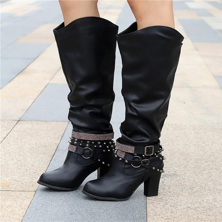 Pippa | Slouch Boots with Studded Strap Heel