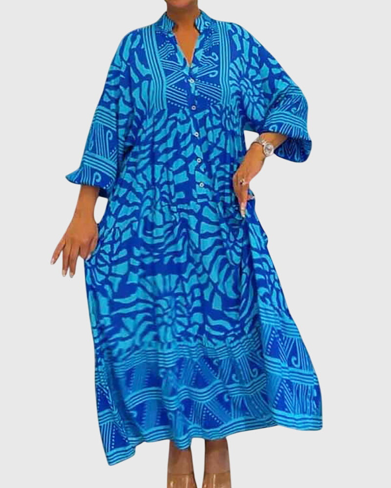 Cordeliaella | Printed V-Neck Maxi Dress with Sleeves