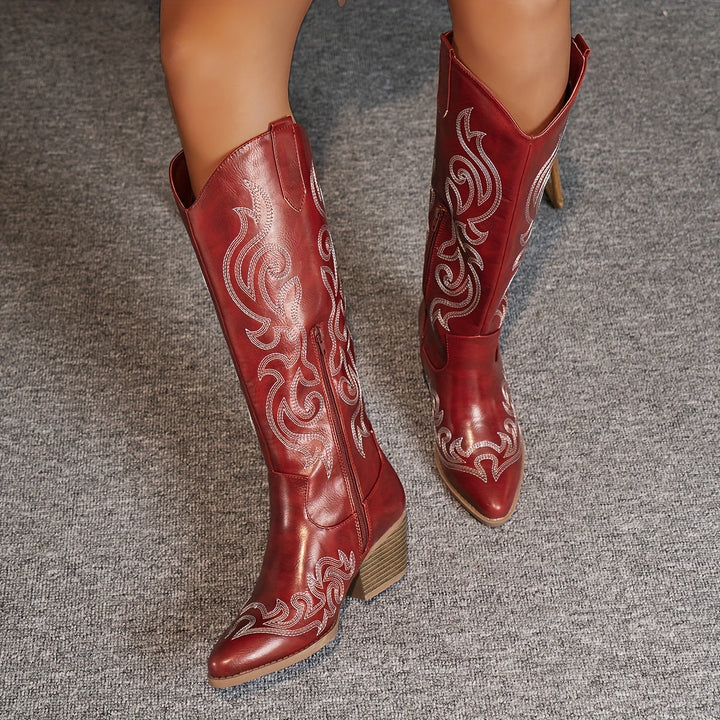 Drew | Embroidered Knee-High Cowboy Boots with Block Heel