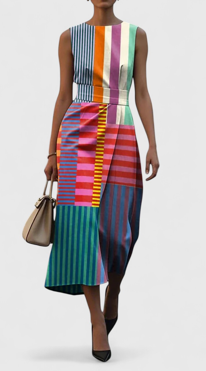 Carmine | Multicolor Striped Patchwork Midi Dress Sleeveless