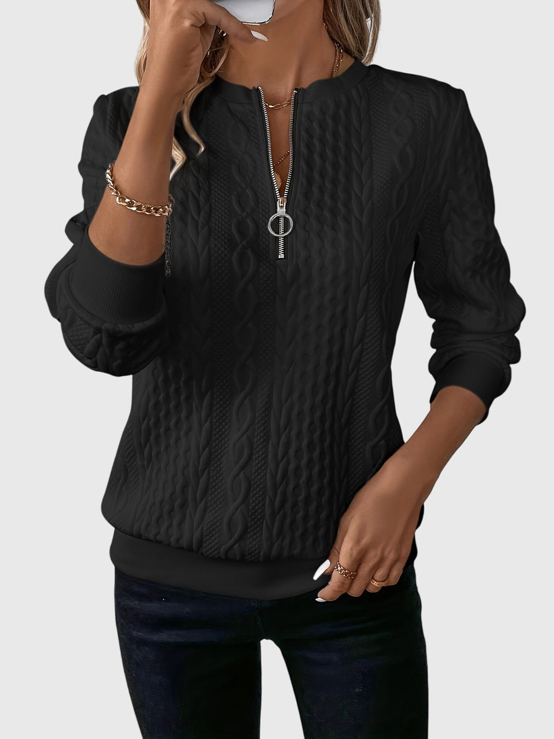 Leslie | Cable Knit Quarter Zip Sweater Pullover