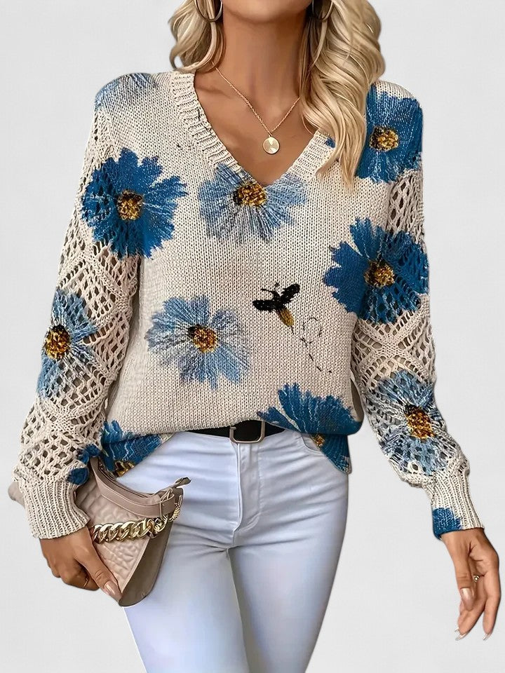 Maren | Floral V-Neck Sweater with Crochet Sleeves