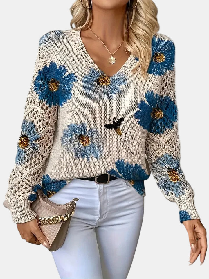 Latifa | Casual Floral V-Neck Crochet Sleeve Sweater