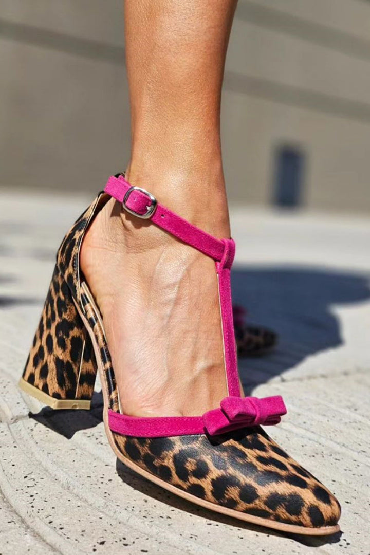 Adelle | Pink Leopard Print T-Strap Heels with Bow