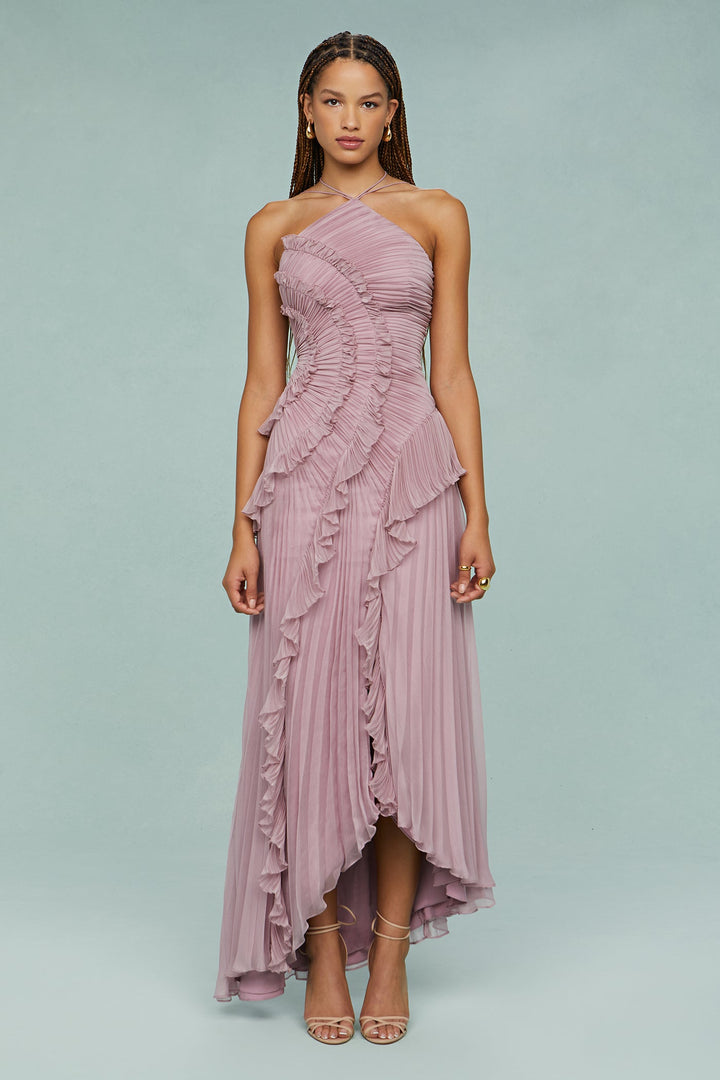 Bellanora | Lavender Ruffle Halter Neck Dress Pleated