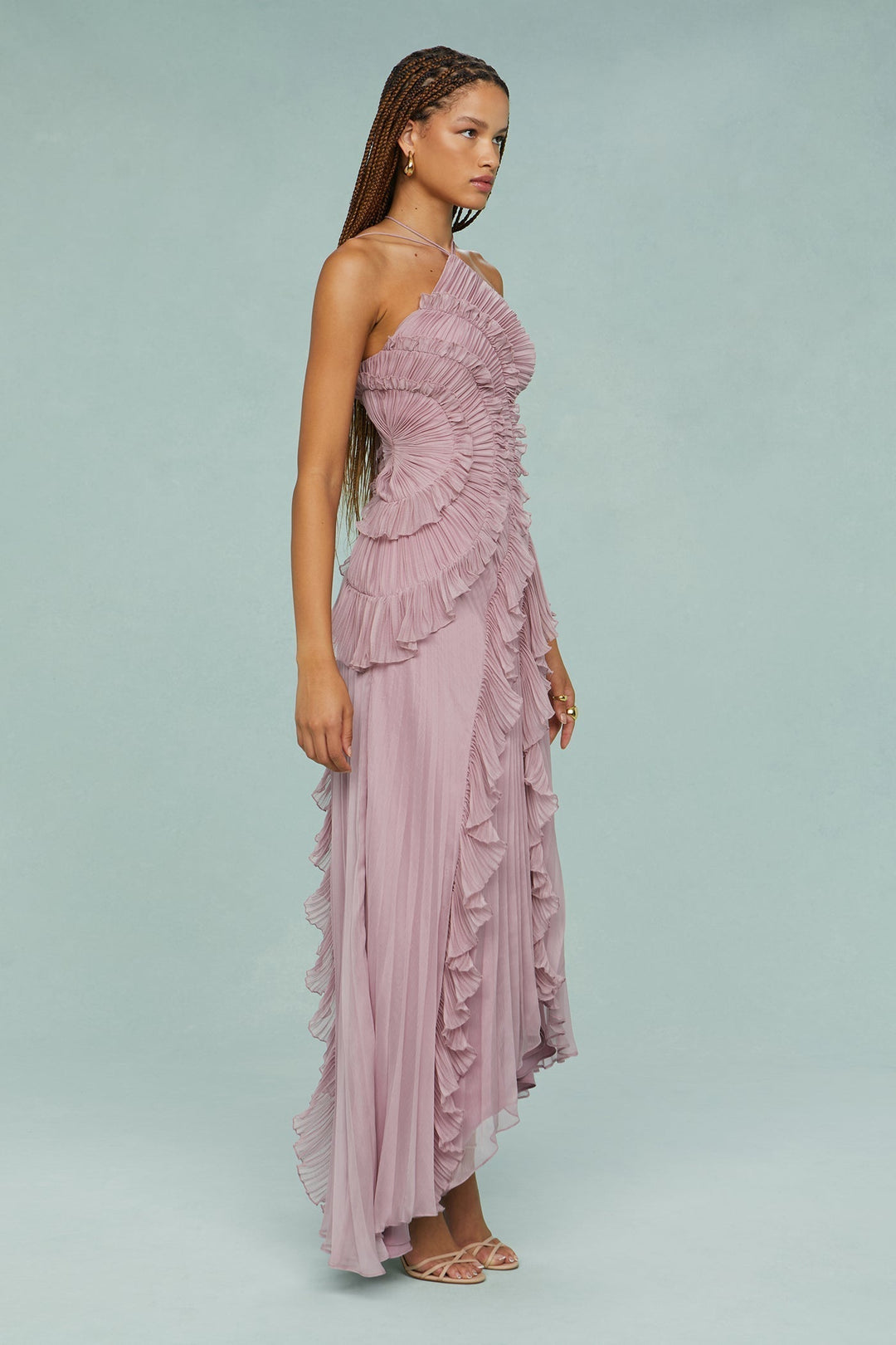 Bellanora | Lavender Ruffle Halter Neck Dress Pleated