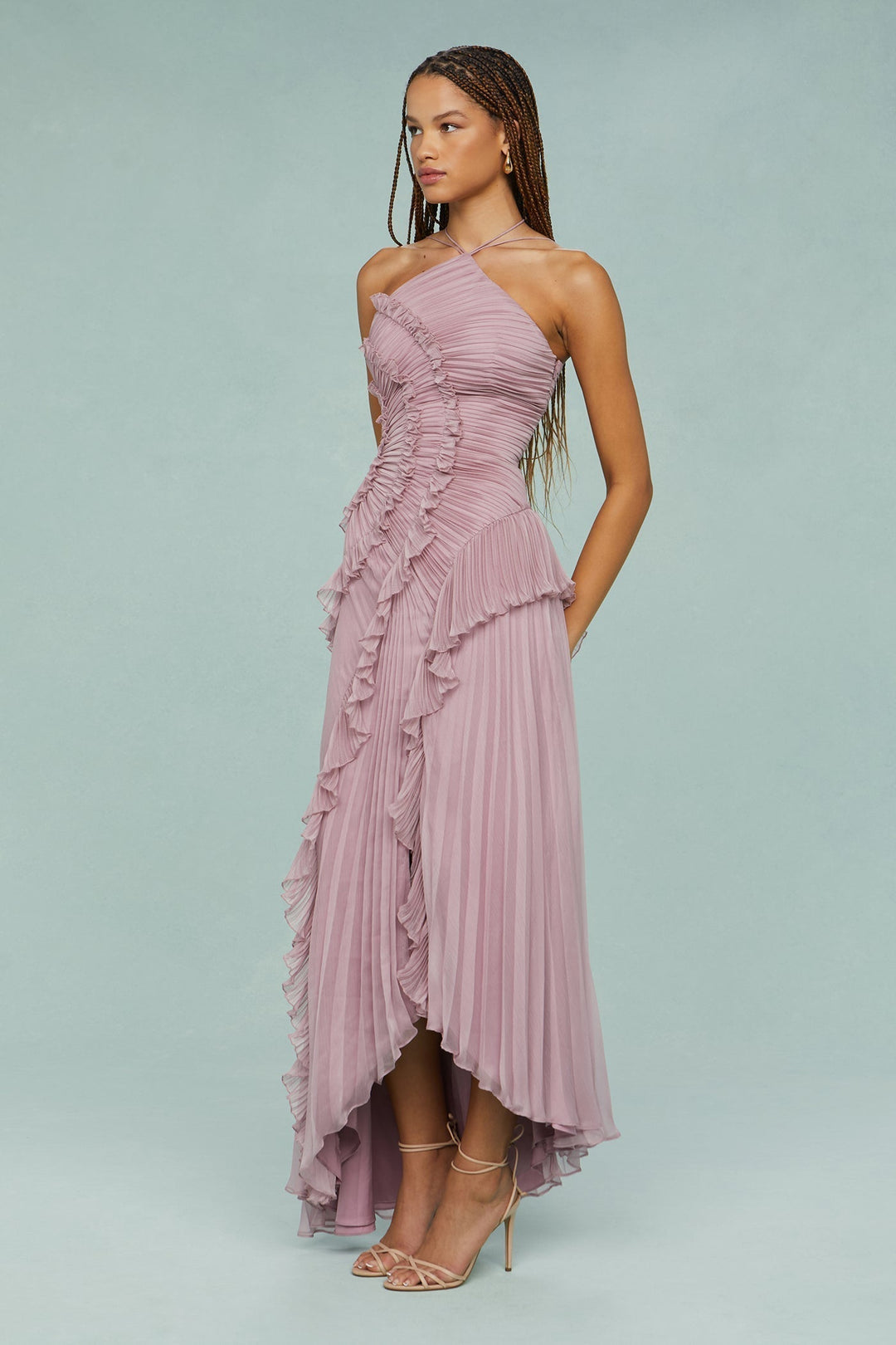 Bellanora | Lavender Ruffle Halter Neck Dress Pleated