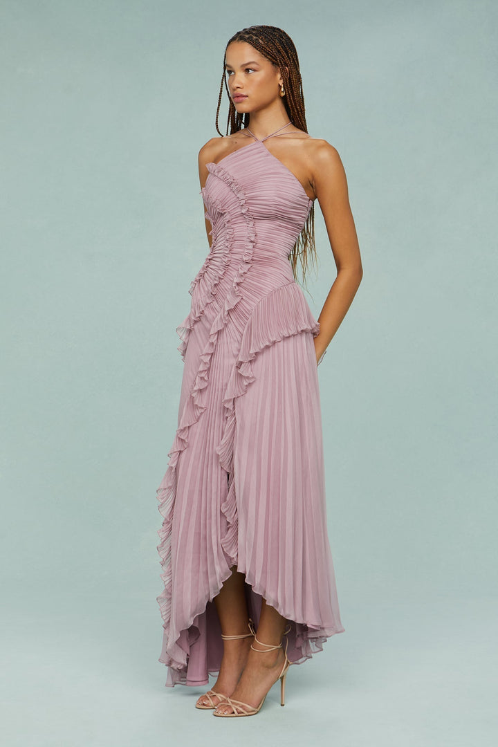 Bellanora | Lavender Ruffle Halter Neck Dress Pleated