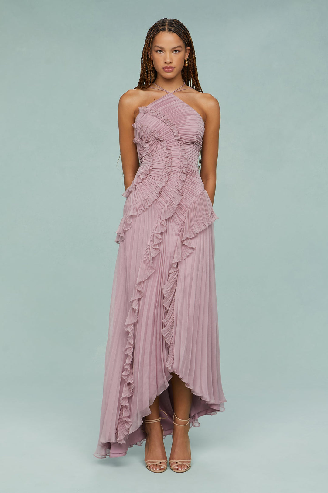 Bellanora | Lavender Ruffle Halter Neck Dress Pleated