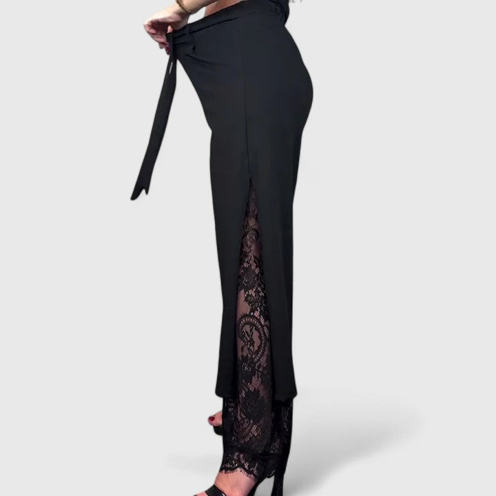 Shanti | Black Wide Leg Pants with Lace Hem