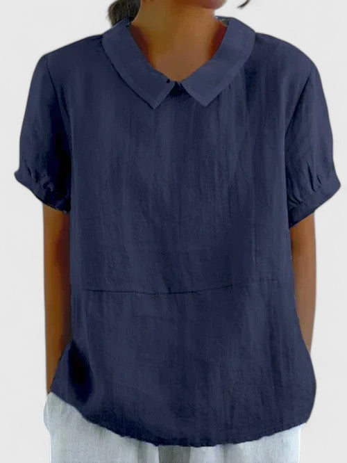 Genevieve | Collared Linen Short Sleeve Blouse