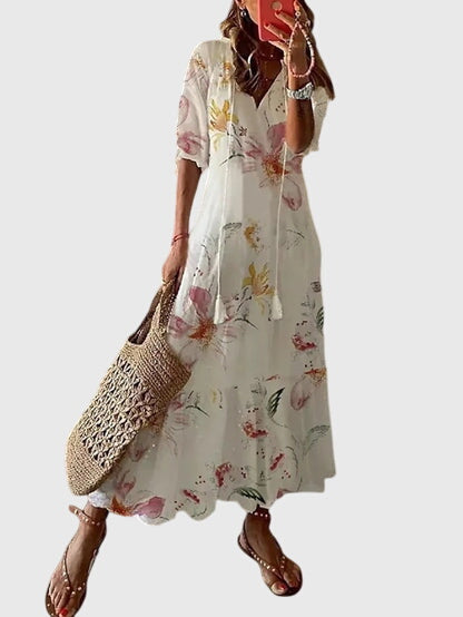 Solveig | Ikat Print Boho Maxi Dress with Tassels