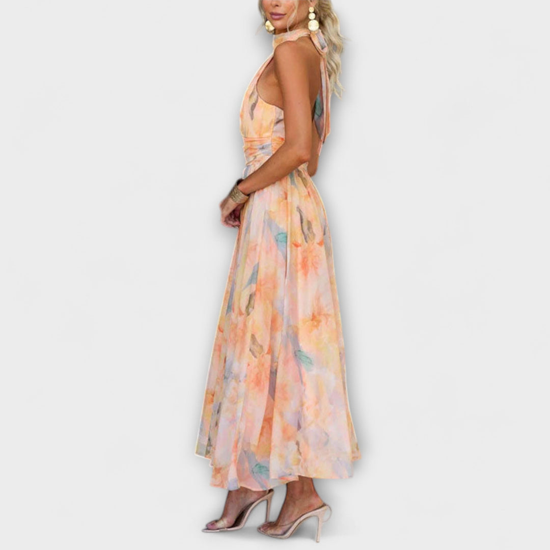 Tabitha | Peach Floral Halter Neck Maxi Dress