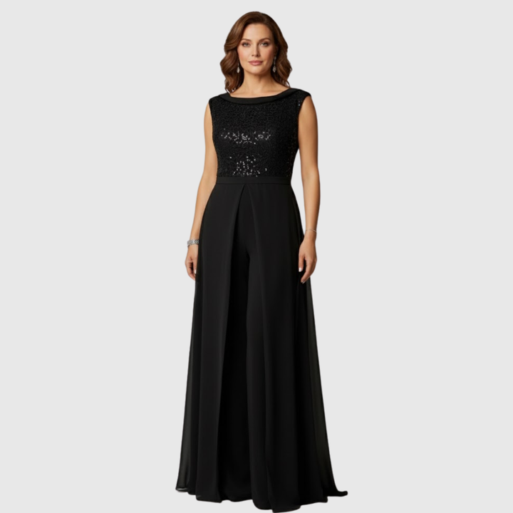 Cassandra | Black Sequin Empire Waist Jumpsuit Gown