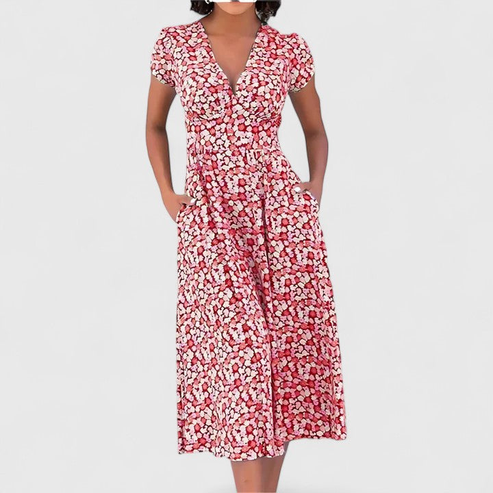Cordula | Floral V-Neck Midi Dress with Pockets