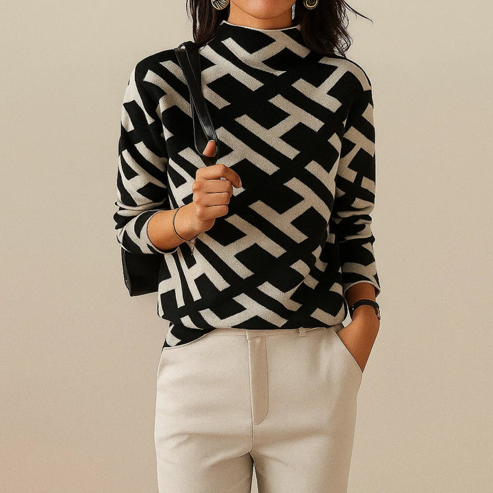 Rumer | Black Geometric Mock Neck Sweater Jacquard Knit