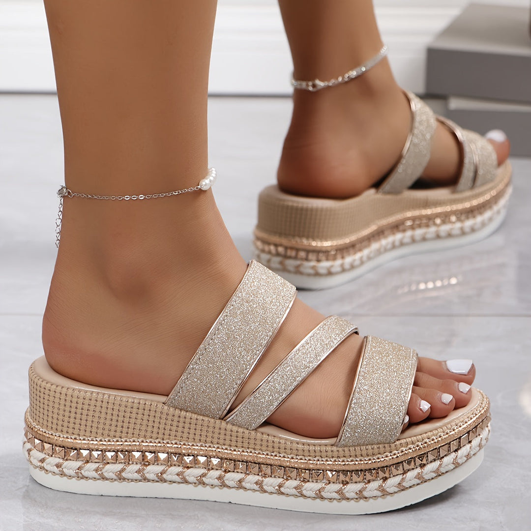 Cyra | Gold Glitter Platform Sandals with Straps