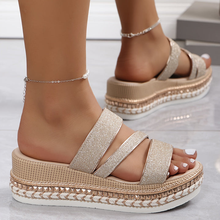Cyra | Gold Glitter Platform Sandals with Straps