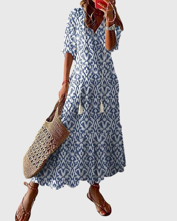 Solveig | Ikat Print Boho Maxi Dress with Tassels