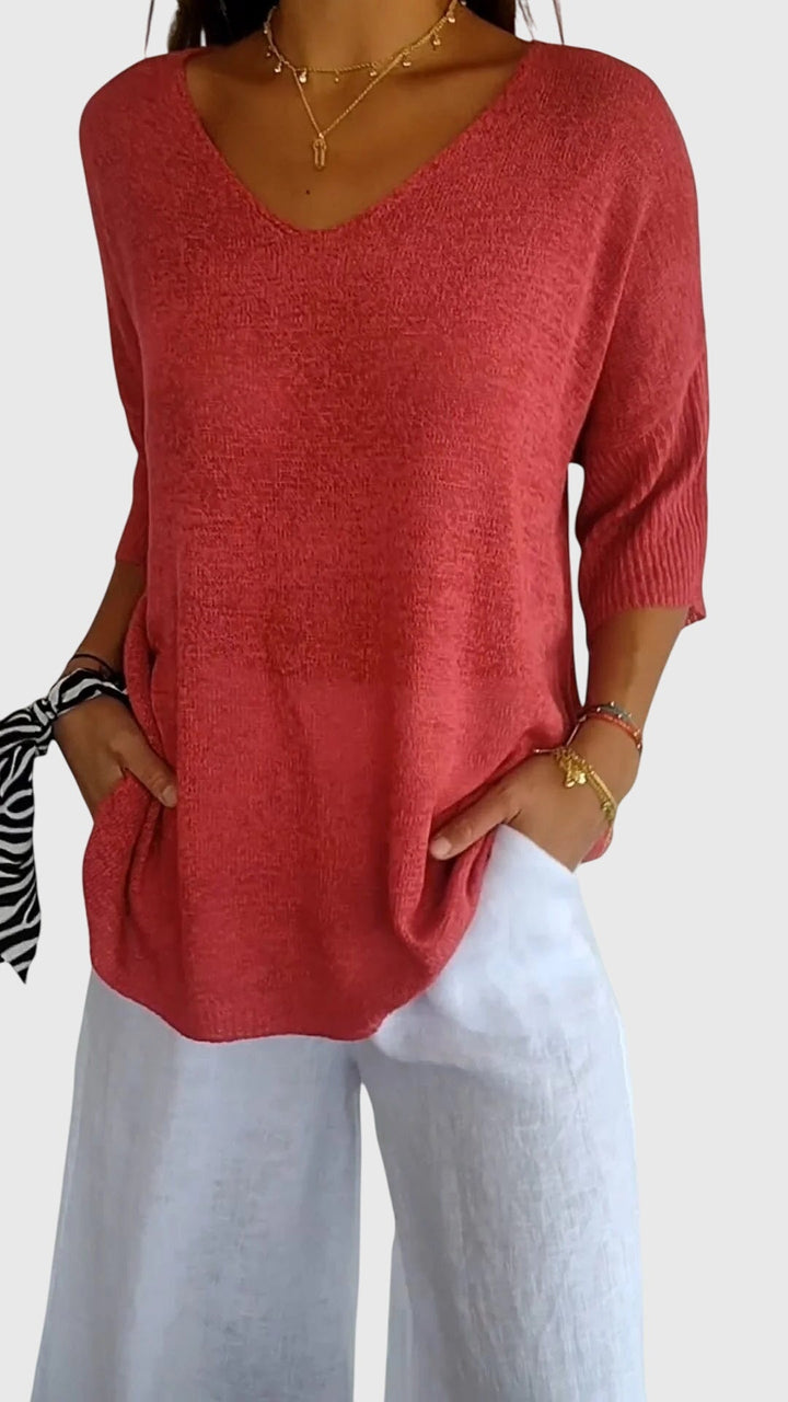 Gardenia | V-Neck Knit Tunic Top with 3/4 Sleeves