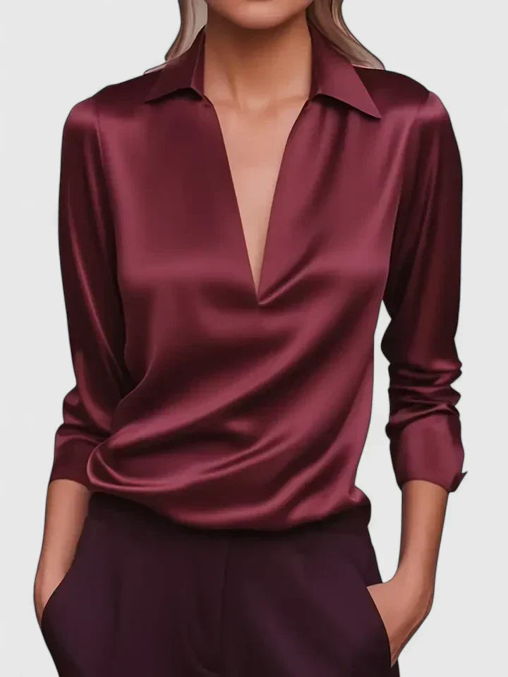 Dominique | V-Neck Collared Blouse with Long Sleeves