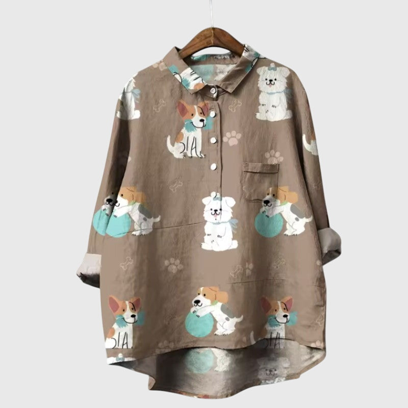 Ailsa | Dog Print Button-Up Blouse with Chest Pocket