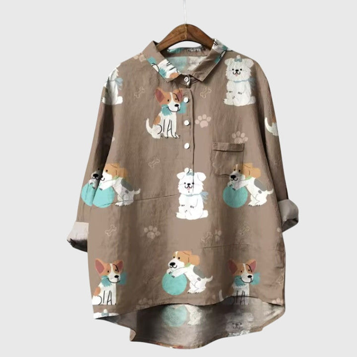 Ailsa | Dog Print Button-Up Blouse with Chest Pocket