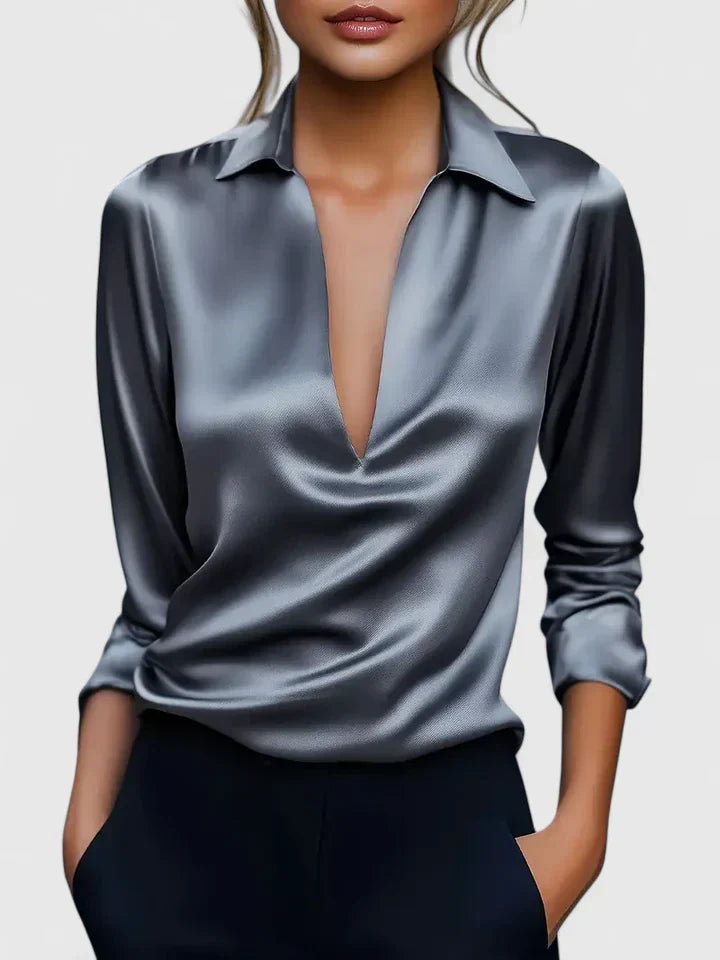 Dominique | V-Neck Collared Blouse with Long Sleeves