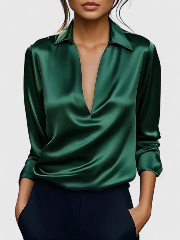 Dominique | V-Neck Collared Blouse with Long Sleeves