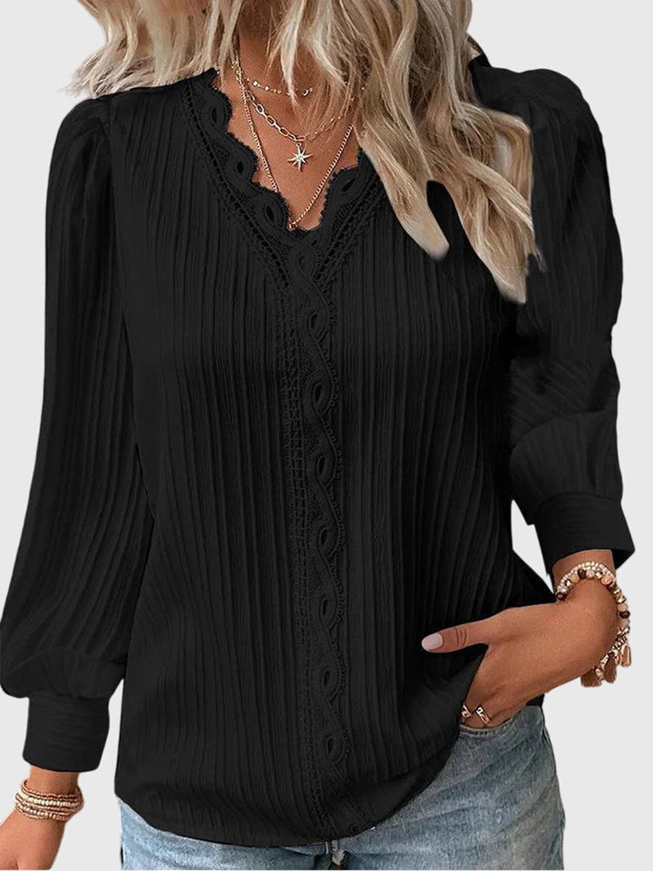 Vanya | Lace Trim V-Neck Blouse with Long Sleeves