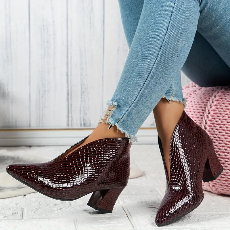 Fidelia | Croc-Embossed Pointed Toe Ankle Boots