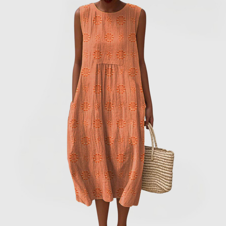 Daniella | Embroidered Sleeveless Linen Dress with Pockets