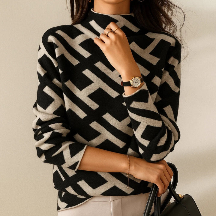 Rumer | Black Geometric Mock Neck Sweater Jacquard Knit